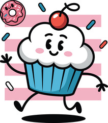 Playful cupcake character running with donut, perfect for kids and sweet treats designs!
