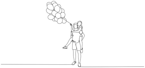 continuous line of man carrying woman, dating while carrying balloons