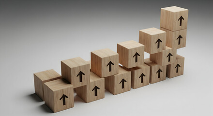 Fototapeta premium Wooden blocks stacked in ascending stair pattern with upward arrows symbolizing growth and success