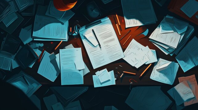 Cluttered Desk with Scattered Papers and Office Supplies