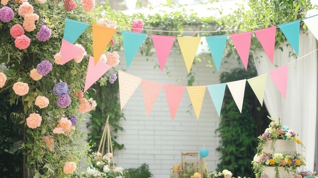 Colorful Pennant Banner Hangs with Floral Decor for Celebration and Festive Theme
