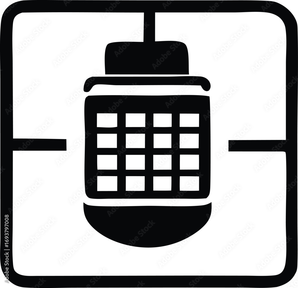 Poster simple black and white icon of a hanging lantern or lamp with a grid pattern for lighting or illumin