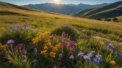 Obraz premium Vibrant wildflowers blooming in a lush grassy field with majestic mountains under a sunrise sky
