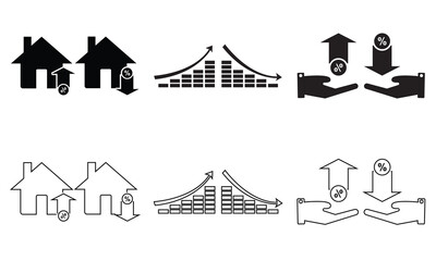 Fototapeta premium Low and high interest rate icon. Finance icons showing profit and loss trends. Finance icons with money bags, percentage arrows, and charts representing economic growth, decline. vector illustration. 