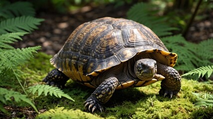 Obraz premium A tortoise slowly crawling over lush green moss in a serene forest, surrounded by ferns and soft sunlight