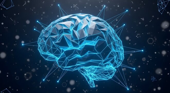 Brainpower and intellectual pursuits. Global consciousness and universal knowledge. A human brain with a glowing triangle and planetary symbols.