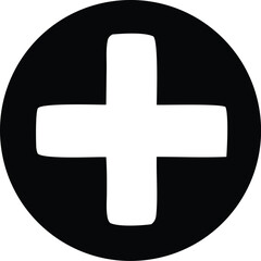 Obraz premium Simple white plus sign inside a black circle icon for medical or support services