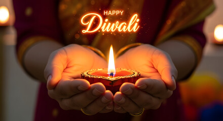 Hands holding a diya lamp with happy diwali text overlay creating a festive atmosphere and celebration