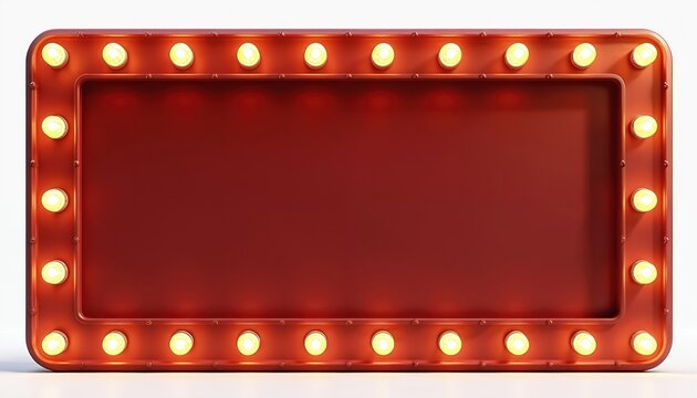 Retro marquee frame illuminated with bright yellow bulbs. Vintage sign features deep red background, perfect for entertainment, cinema, casino themes. Glowing border, empty space invite custom text