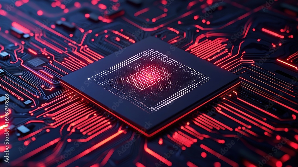 Poster a close-up view of a microchip on a circuit board, illuminated with red lights, showcasing intricate
