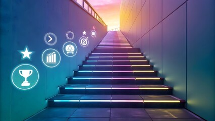 Inspiring Stairs with Colorful Lights and Icons for Success Themes