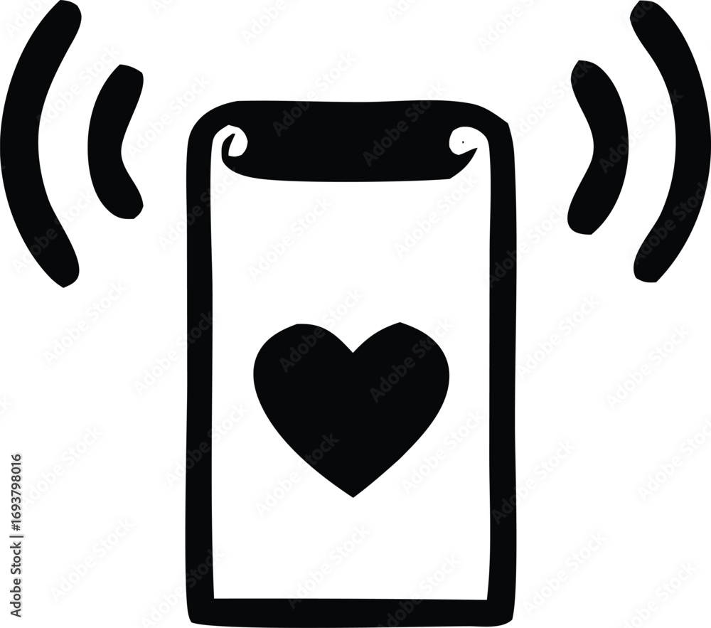 Poster hand-drawn icon of a smartphone with a heart symbol and radiating signals representing communication