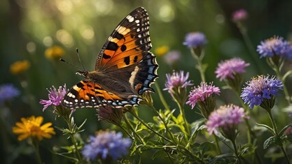 Obraz premium Vibrant butterfly perched on colorful flowers in a lush garden during a sunny afternoon