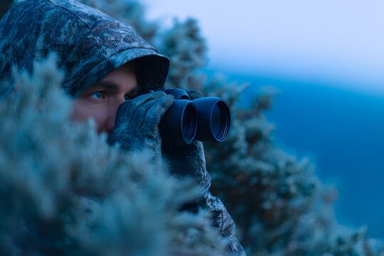 Man observing wildlife through binoculars at dawn Generative AI