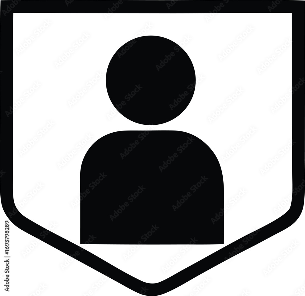 Poster simple silhouette user icon inside a shield shape representing profile account identity and security