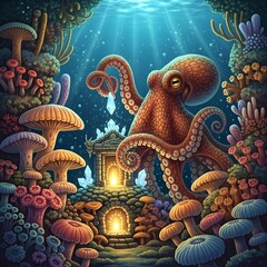 Obraz premium Fantasy illustration of a magical ocean scene featuring a seahorse, a luminous jellyfish, and a forest of underwater mushrooms