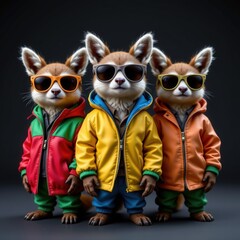 Fototapeta premium Stylish and Trendy Foxes in Colorful Jackets and Sunglasses