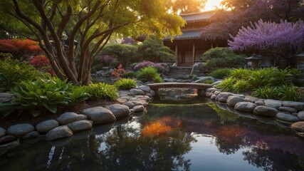 Fototapeta premium Serene Japanese Garden at Sunset with Reflection in Water, Lush Vegetation, and Tranquil Atmosphere