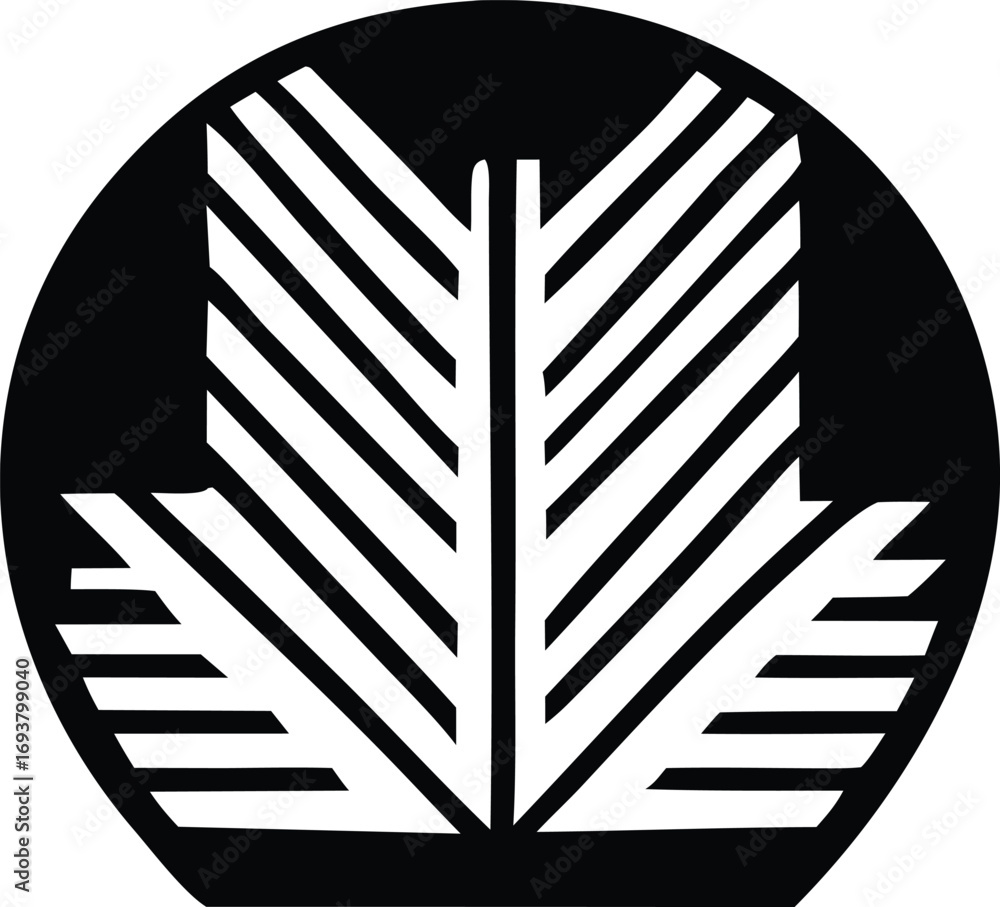 Poster abstract geometric symbol with upward and downward facing leaf-like shapes within a circle monochrom