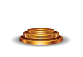 3D illustration of a golden stage podium with three circular steps, isolated on white background, ideal for awards, presentations, and product display designs