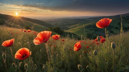 Fototapeta premium Vibrant poppy flowers bloom in a sunlit meadow, showcasing nature's beauty during sunset