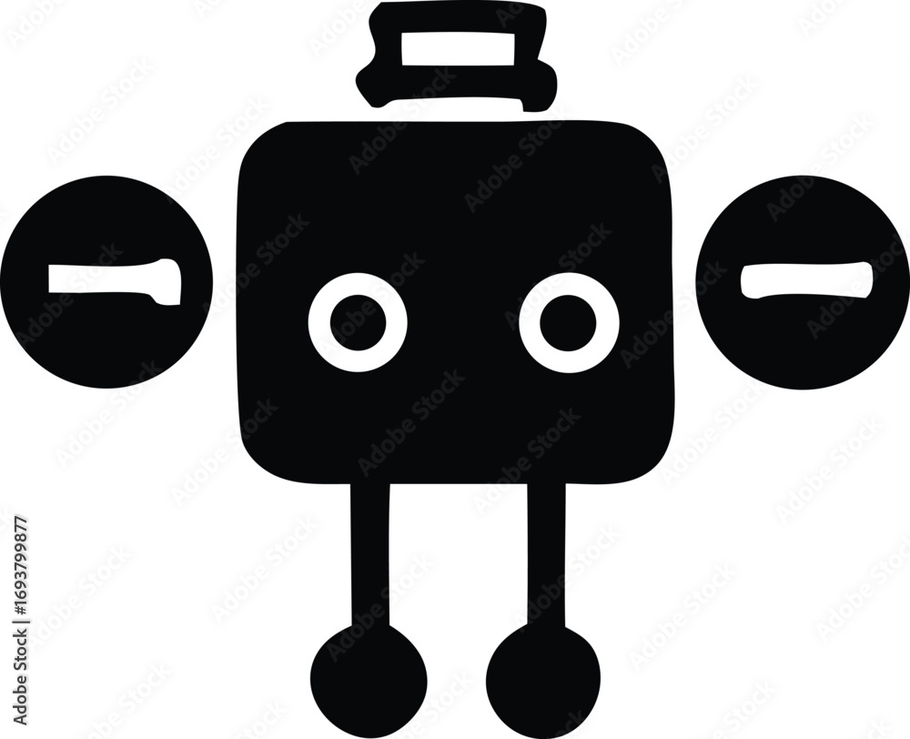 Poster simple cartoon robot icon with circular eyes and simple limbs for technology and ai projects