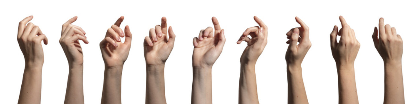 Collection of human hands with raised index finger shown in different positions including front,