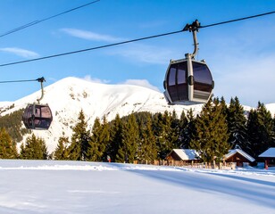 Ski lift cabins over snowy mountains