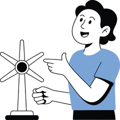 Enthusiastic person presenting wind turbine model, promoting renewable energy solutions today