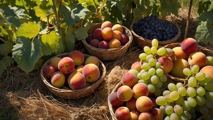 Freshly harvested peaches, grapes, and blueberries in woven baskets under lush green vines in a sunny orchard