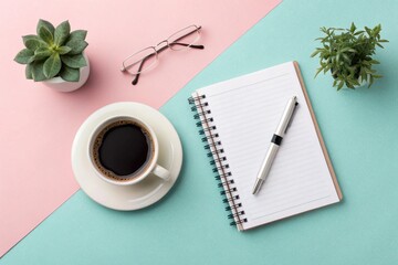 Minimalist workspace with coffee notebook and pen