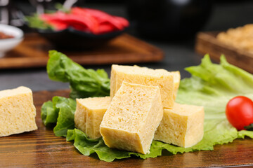 Handmade Deep Fried Tofu Blocks on Lettuce Leaves - Original Northeastern Style Marinated Soy Protein