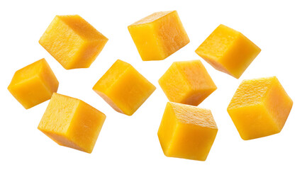 Juicy Mango Cubes Falling on white background