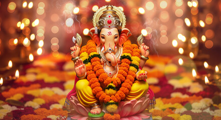 A beautifully adorned statue of Lord Ganesha is central to a vibrant Hindu puja, surrounded by marigold garlands, lit oil lamps