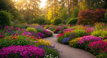 Fototapeta premium Enchanting Garden Path at Sunset with Vibrant Flowers and Lush Greenery Creating a Serene Atmosphere