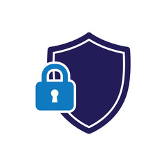 Vector illustration of blue shield icon with a blue padlock symbol, representing security, protection, and safety in a digital or physical context