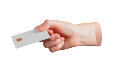 Female hand holding a plain white credit card with chip from the side view, symbolizing online