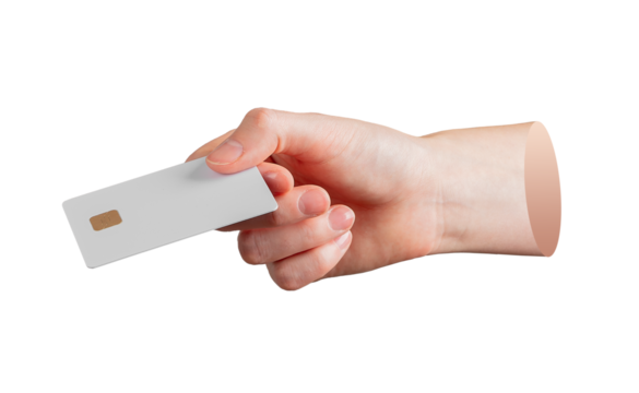Female hand holding a plain white credit card with chip from the side view, symbolizing online