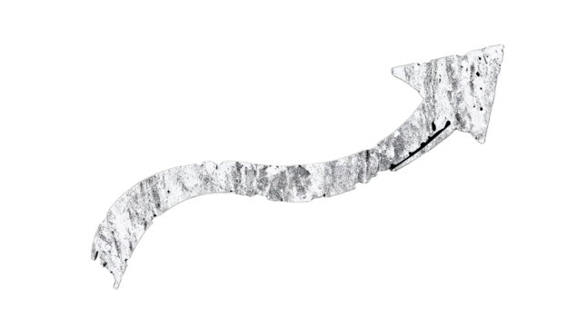 Stylized curved arrow with a rough, distressed texture pointing upwards. An isolated monochrome graphic element symbolizing growth, direction, and progress