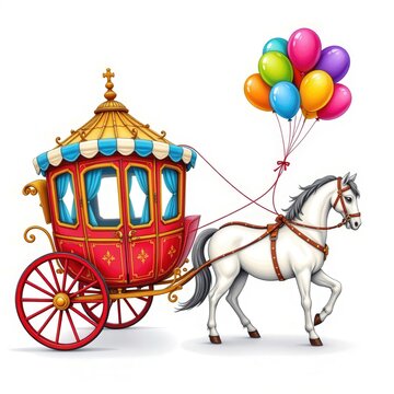 Colorful Balloon Carriage with White Horse and Festive Atmosphere