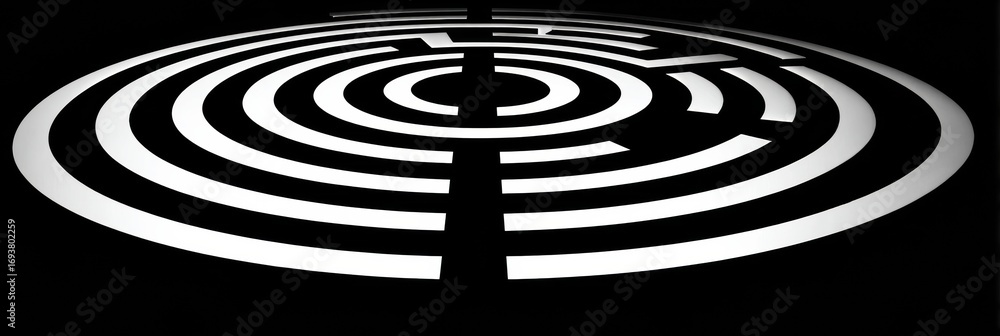 Poster intricate white maze design on black background creating a visual challenge for viewers