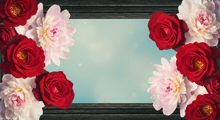 A frame of dark wood surrounded by red roses and pink peonies against a light blue background