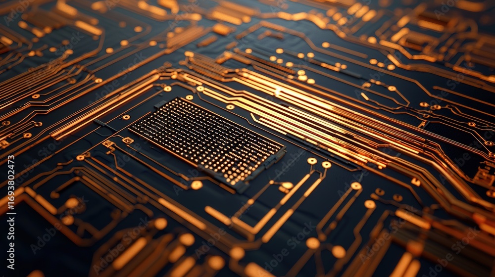 Poster a close-up view of a circuit board showcasing intricate patterns and glowing orange lines on a dark 