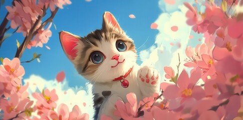 Cute Kitten Enjoying Cherry Blossom, Surrounded by Pink Flowers