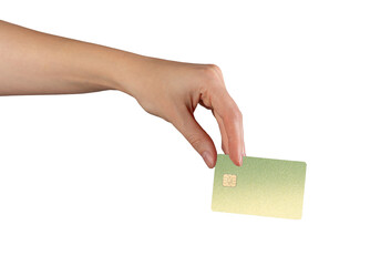Obraz na płótnie Canvas Hand holding a green gradient bank card with a chip. Concept of cashless payments, banking, finance,