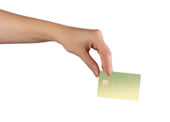Hand holding a green gradient bank card with a chip. Concept of cashless payments, banking, finance,