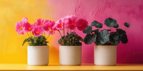 Display Three Potted Flowers on Yellow and Pink Color with Indoor Theme