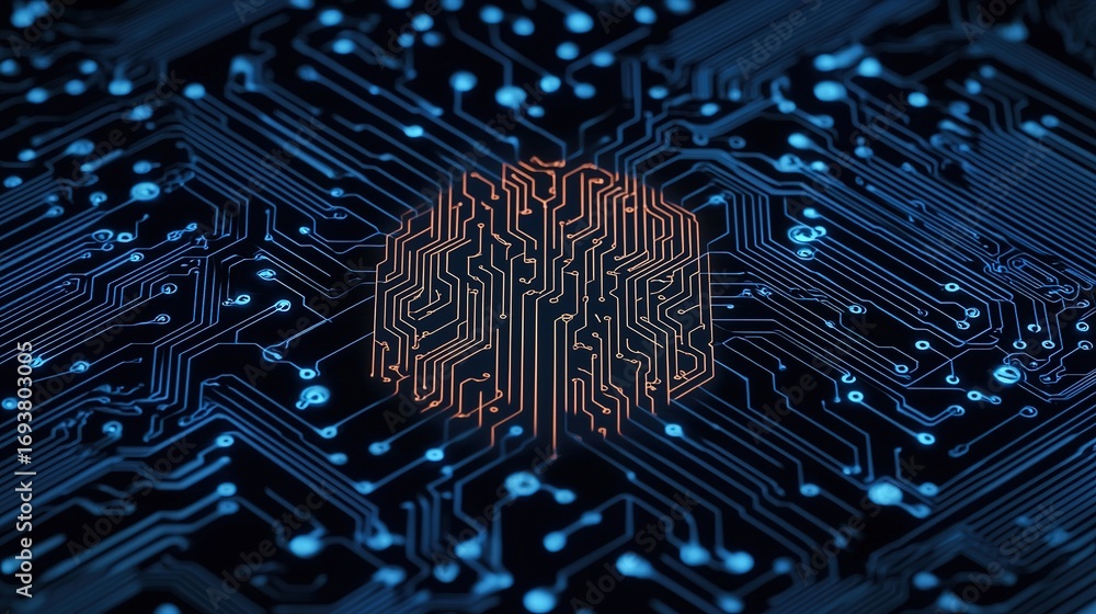 Poster a close-up view of a circuit board design featuring intricate patterns and a brain symbol, represent