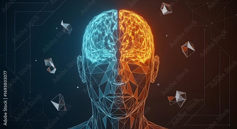 Poster an artistic representation of a brain with geometric shapes and symbols. the intersection of technol
