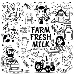Farm Fresh Milk Products from Dairy Farms Featuring Cows, Farmers, and Pastoral Scenes